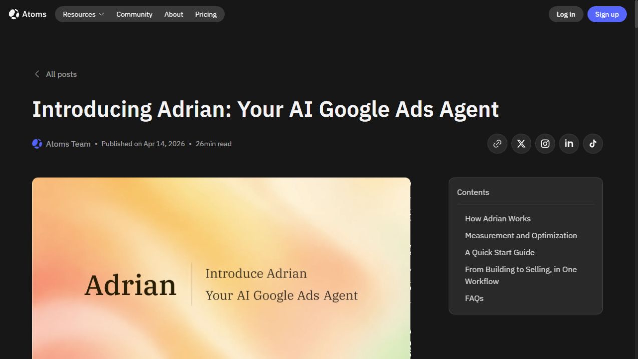 Atoms.dev Adrian AI Google Ads Agent product update page