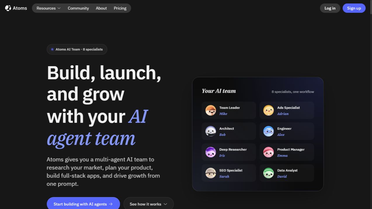 Atoms.dev AI agents page showing an 8 specialist AI team for building and growing products