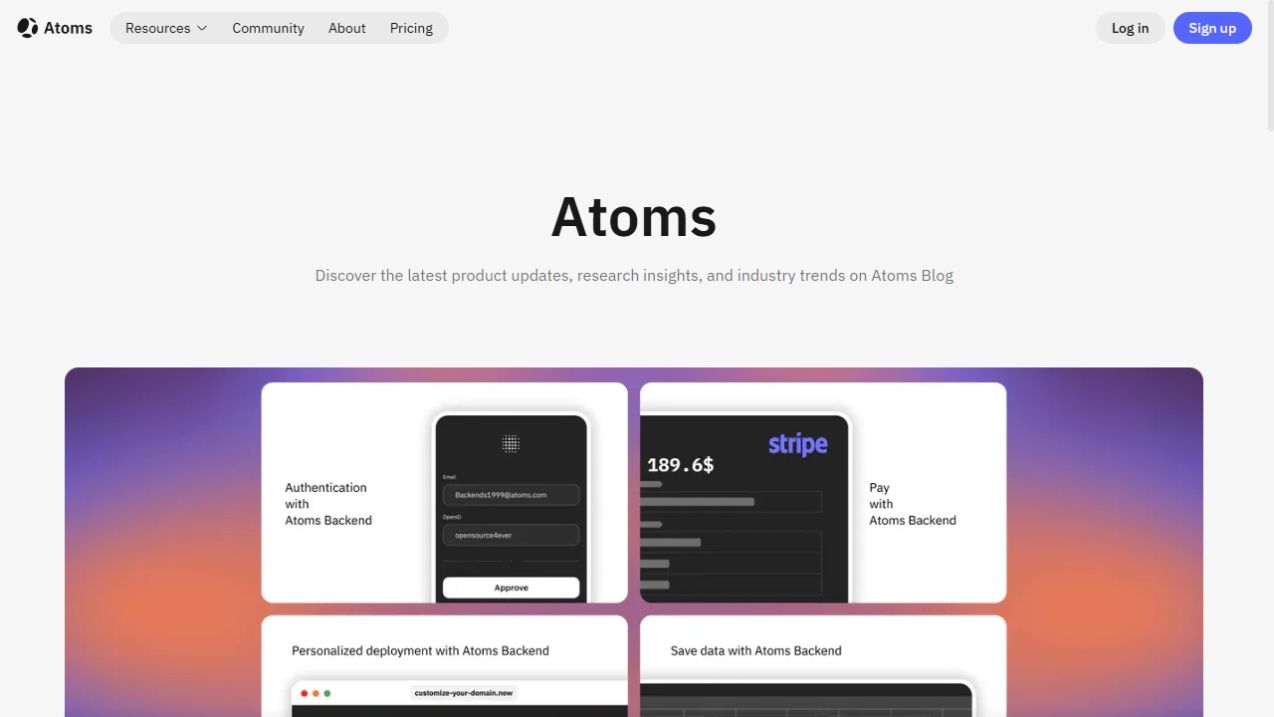 Atoms.dev blog page showing recent product updates including Atoms Cloud and AI agents