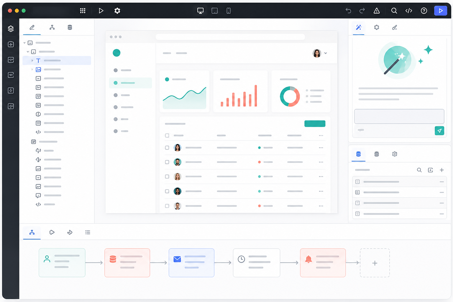 No-code AI app builder screen showing visual design, data, workflows, and AI assistant panels