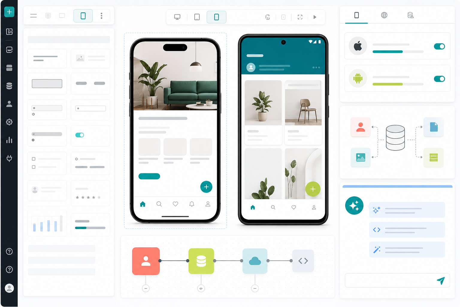 No-code native mobile app builder screen with phone previews, shared database, and AI assistant panels