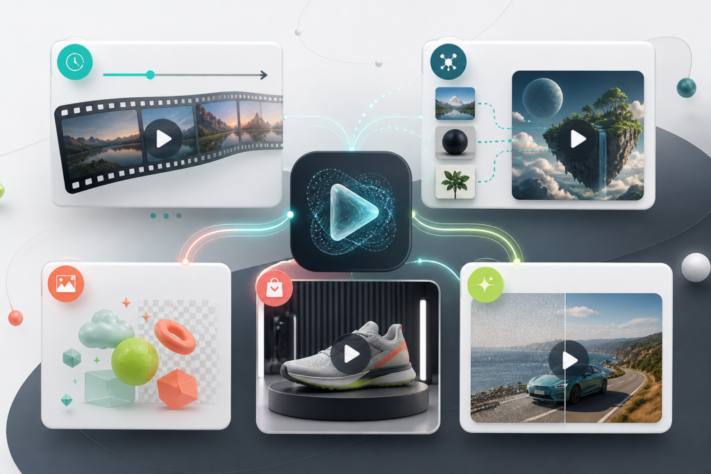 AI video platform feature overview with generation, references, product visuals, and enhancement