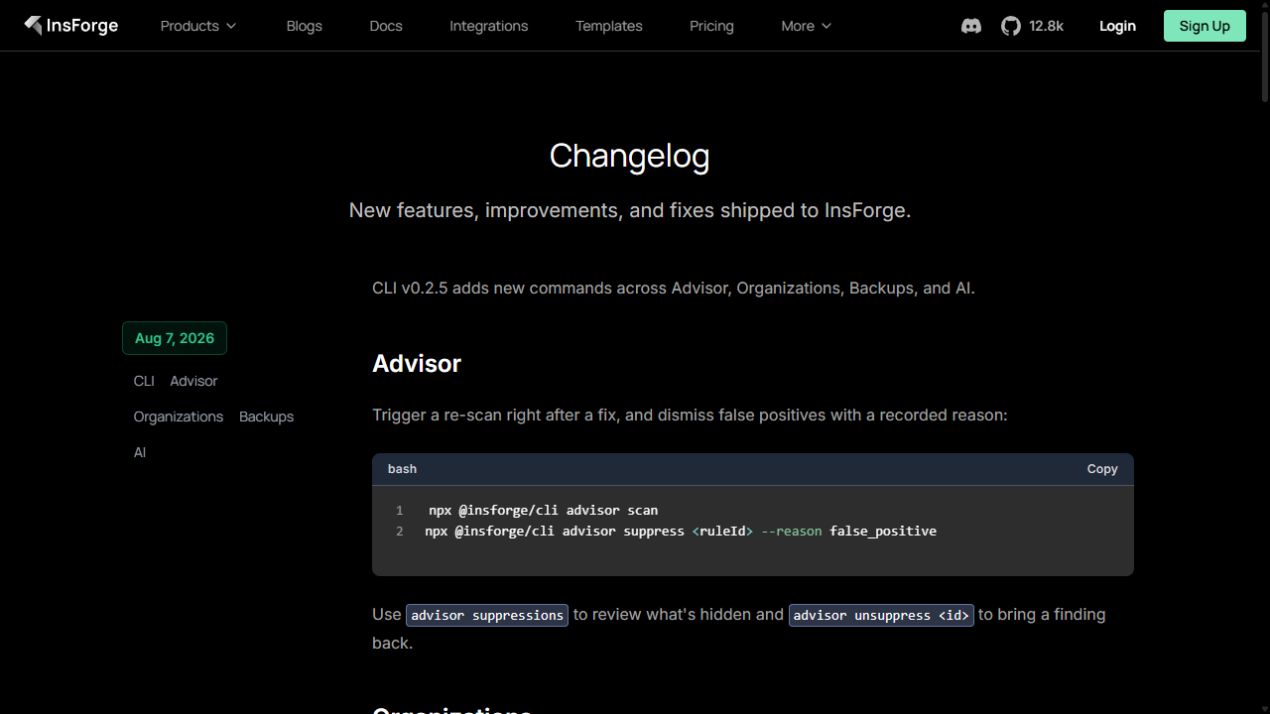 InsForge changelog showing CLI advisor updates