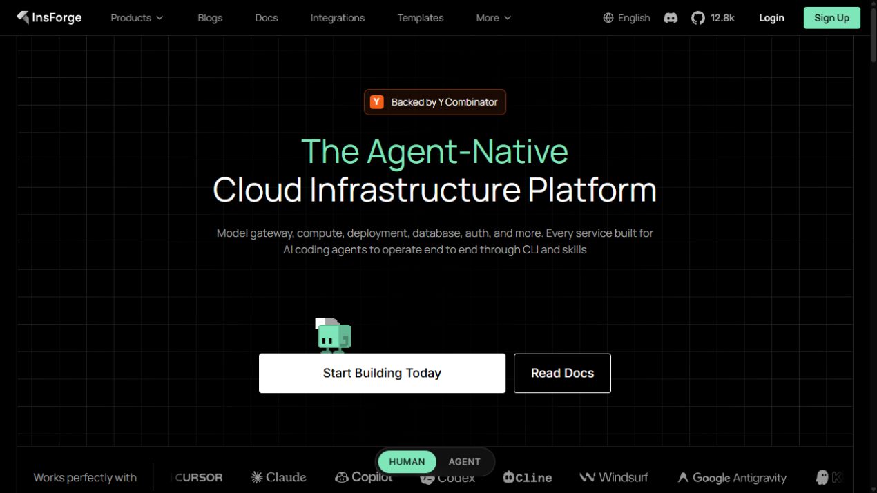 InsForge homepage showing agent-native cloud infrastructure platform