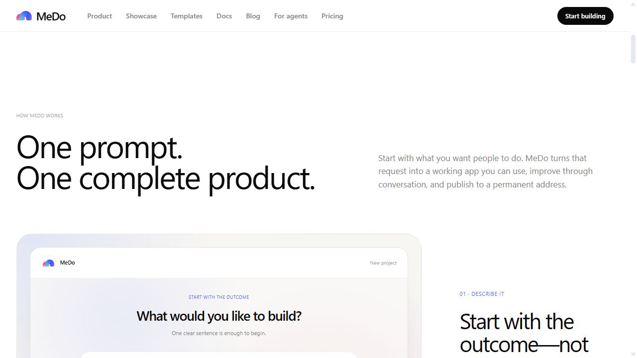 MeDo feature section explaining one prompt one complete product