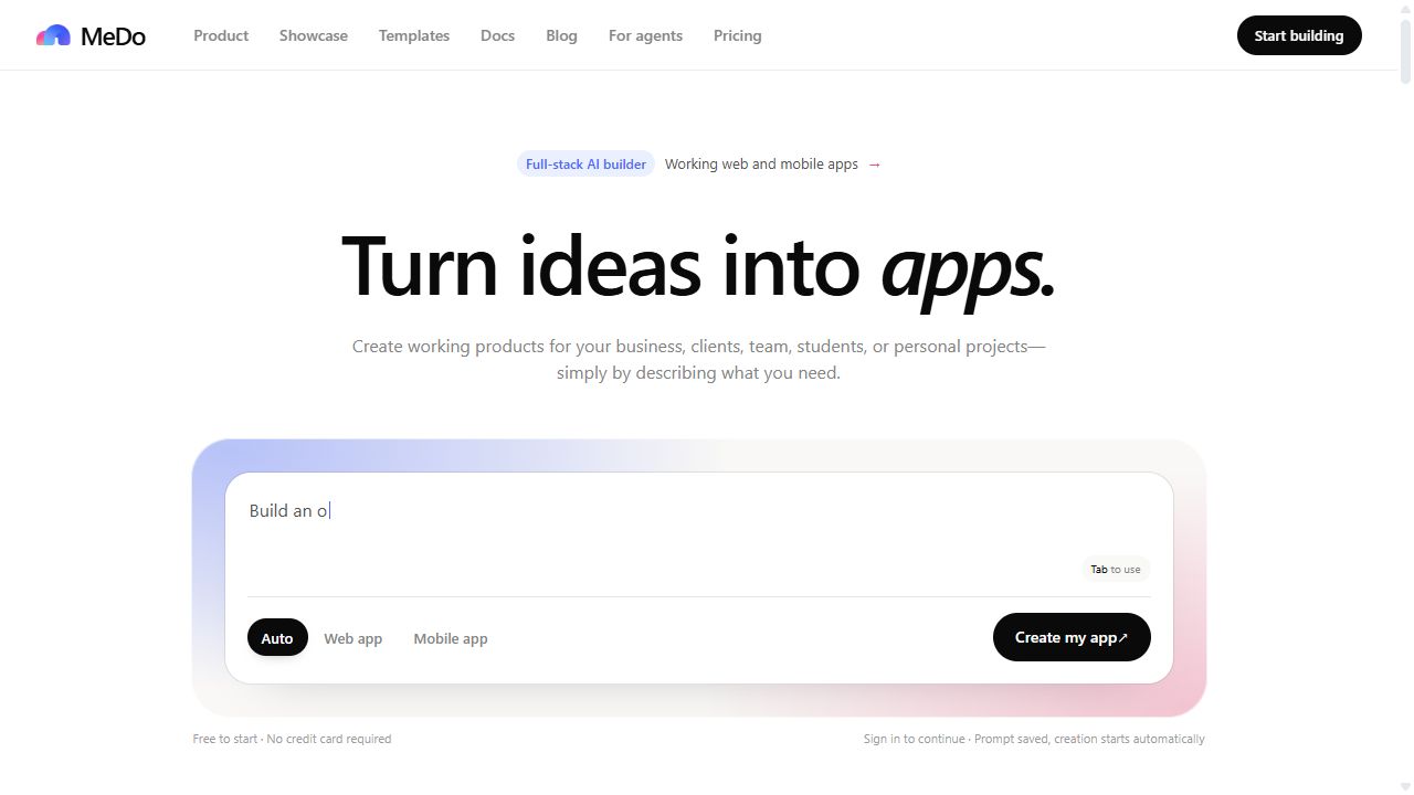 MeDo homepage showing the AI app builder prompt interface