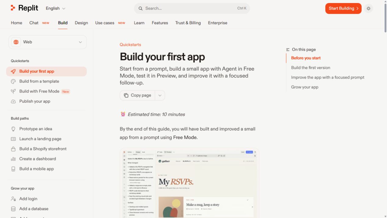 Replit Build your first app documentation screen