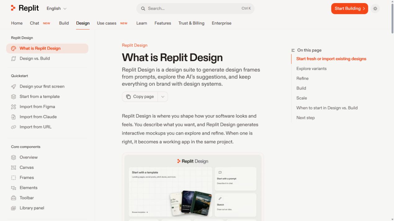 Replit Design documentation showing prompt based interface design