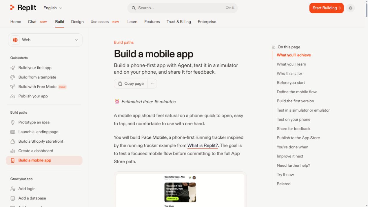 Replit mobile app build documentation screen