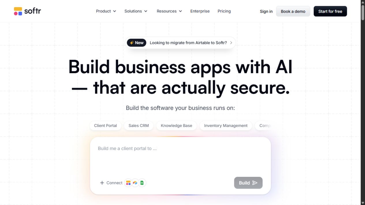 Softr AI business app builder screen showing secure app generation prompt