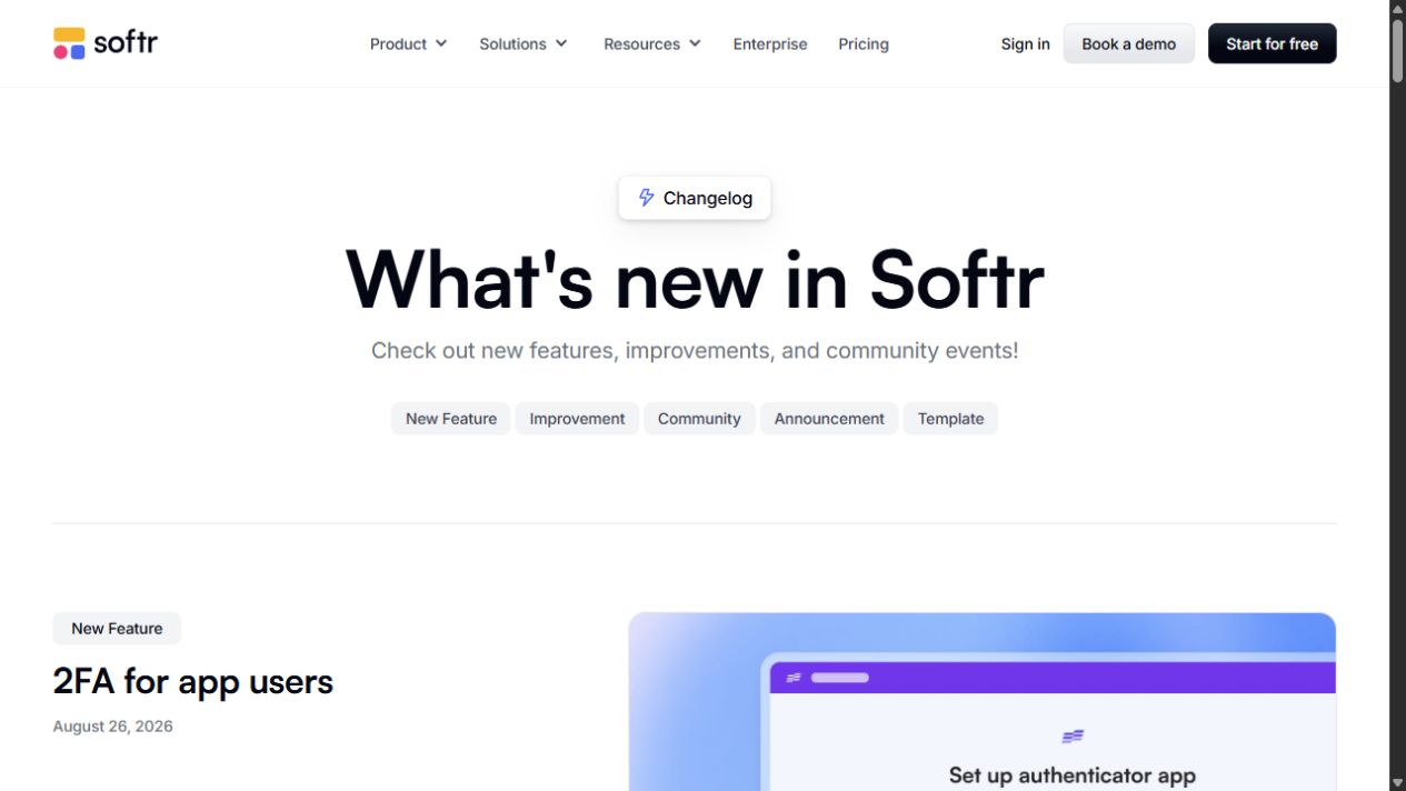 Softr What's New page showing recent product updates and changelog entries