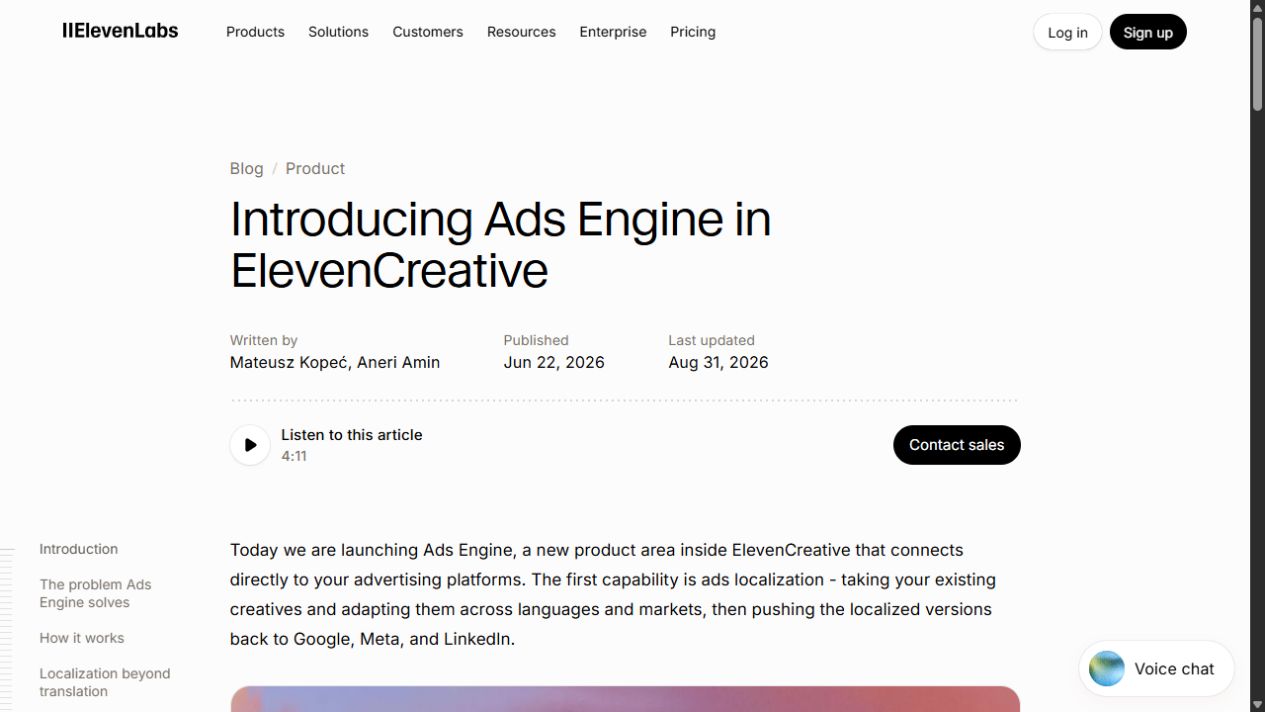 ElevenLabs Ads Engine blog post screenshot