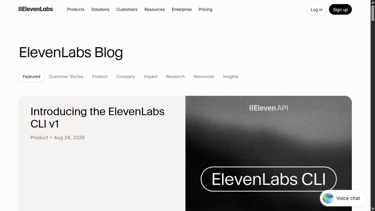 ElevenLabs blog showing recent product and research updates