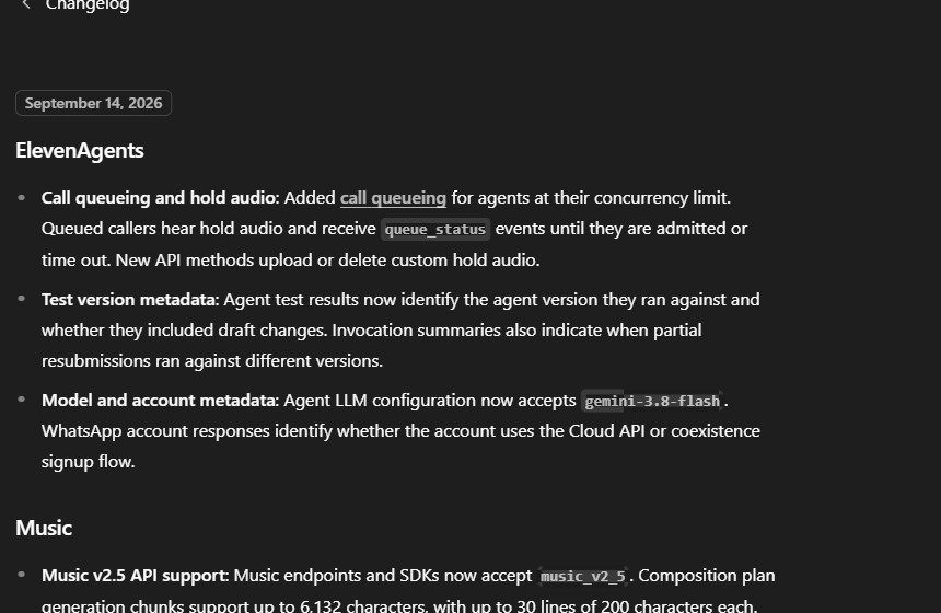 ElevenLabs changelog for 14 September 2026 listing call queueing and hold audio for ElevenAgents and Music v2.5 API support