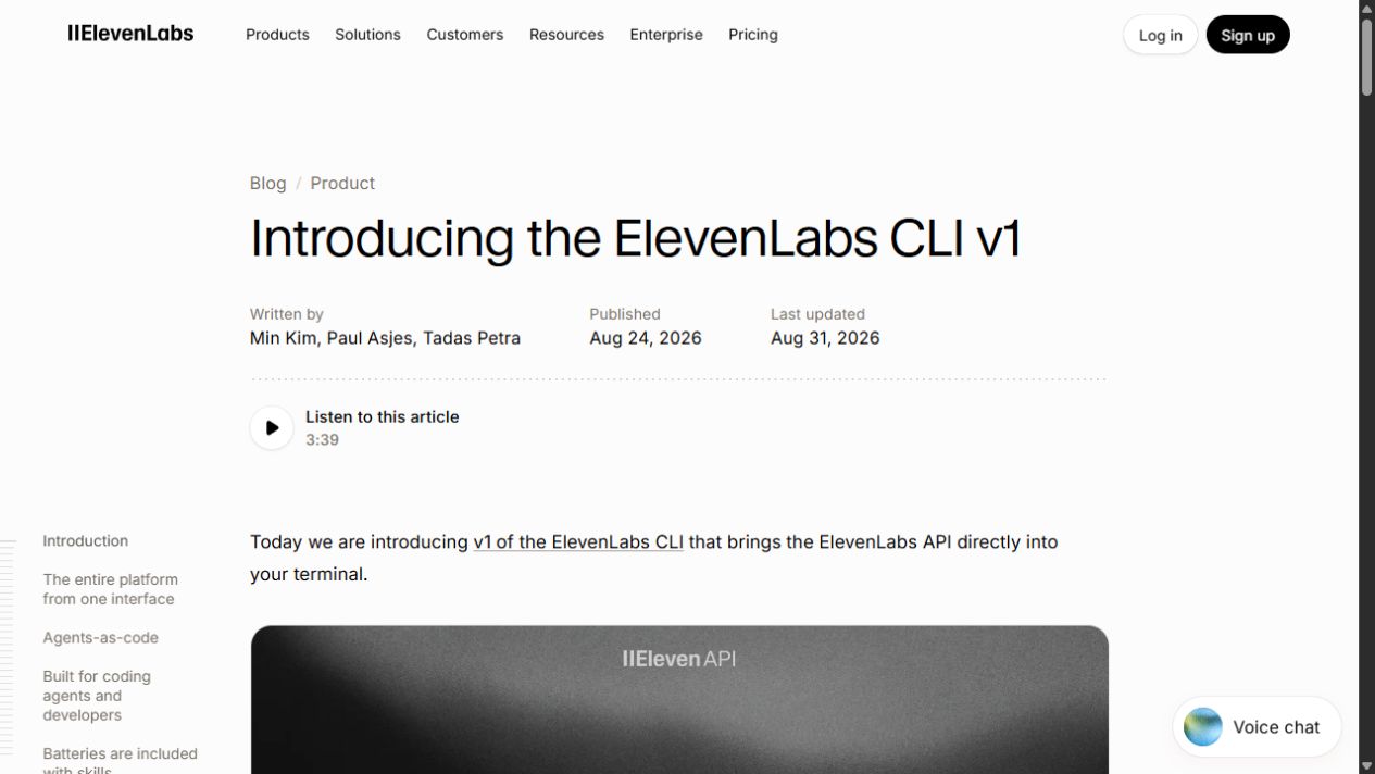 ElevenLabs CLI v1 blog post screenshot