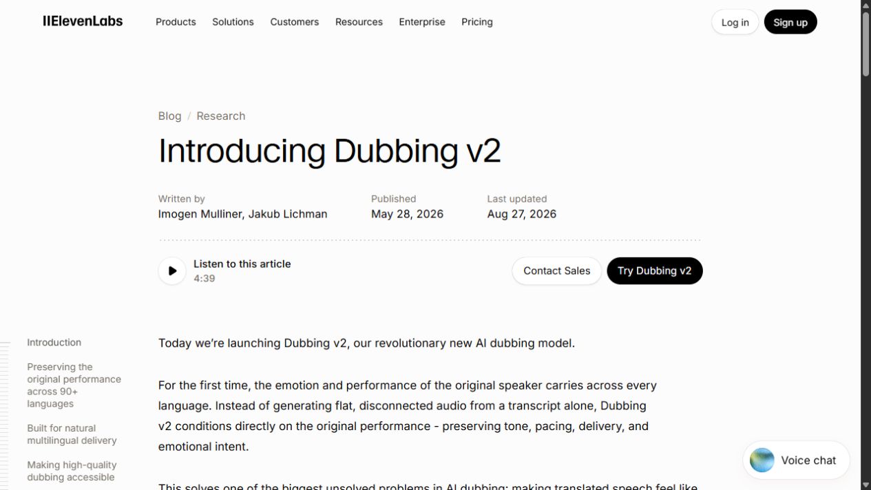 ElevenLabs Dubbing v2 blog post screenshot