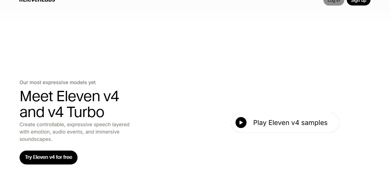 ElevenLabs Eleven v4 launch page headlined Meet Eleven v4 and v4 Turbo