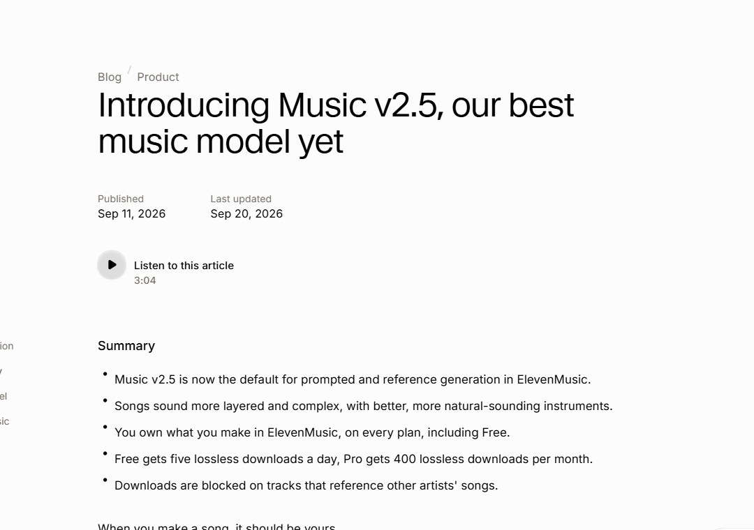 ElevenLabs blog post announcing Music v2.5 on 11 September 2026, summarising lossless downloads on every plan