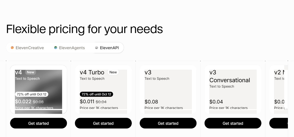 ElevenLabs API pricing showing v4 at $0.022 per 1,000 characters and v4 Turbo at $0.011, both marked 72% off until 12 October
