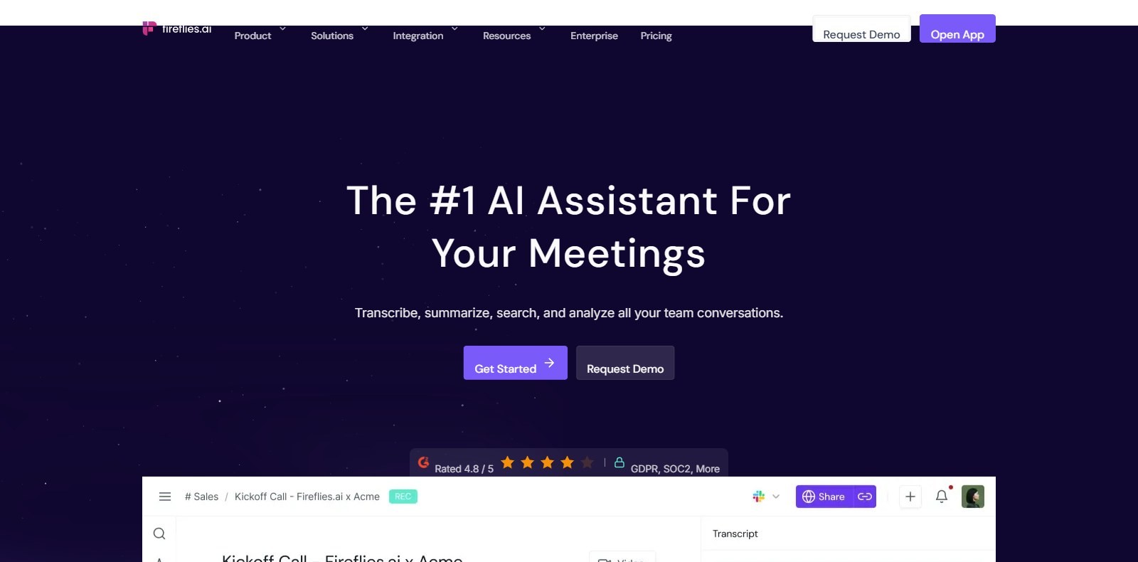 Fireflies.ai homepage showing the AI meeting assistant and a transcribed kickoff call