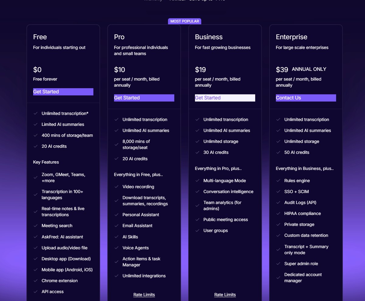 Fireflies.ai pricing page showing Free, Pro, Business and Enterprise plans in September 2026