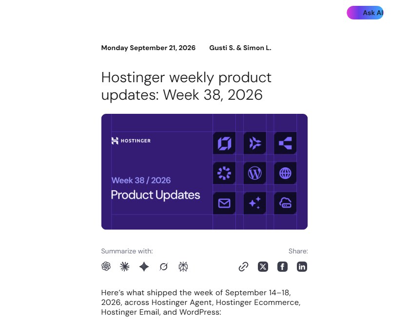 Hostinger weekly product updates post for week 38 of 2026 covering Hostinger Agent, Ecommerce, Email and WordPress