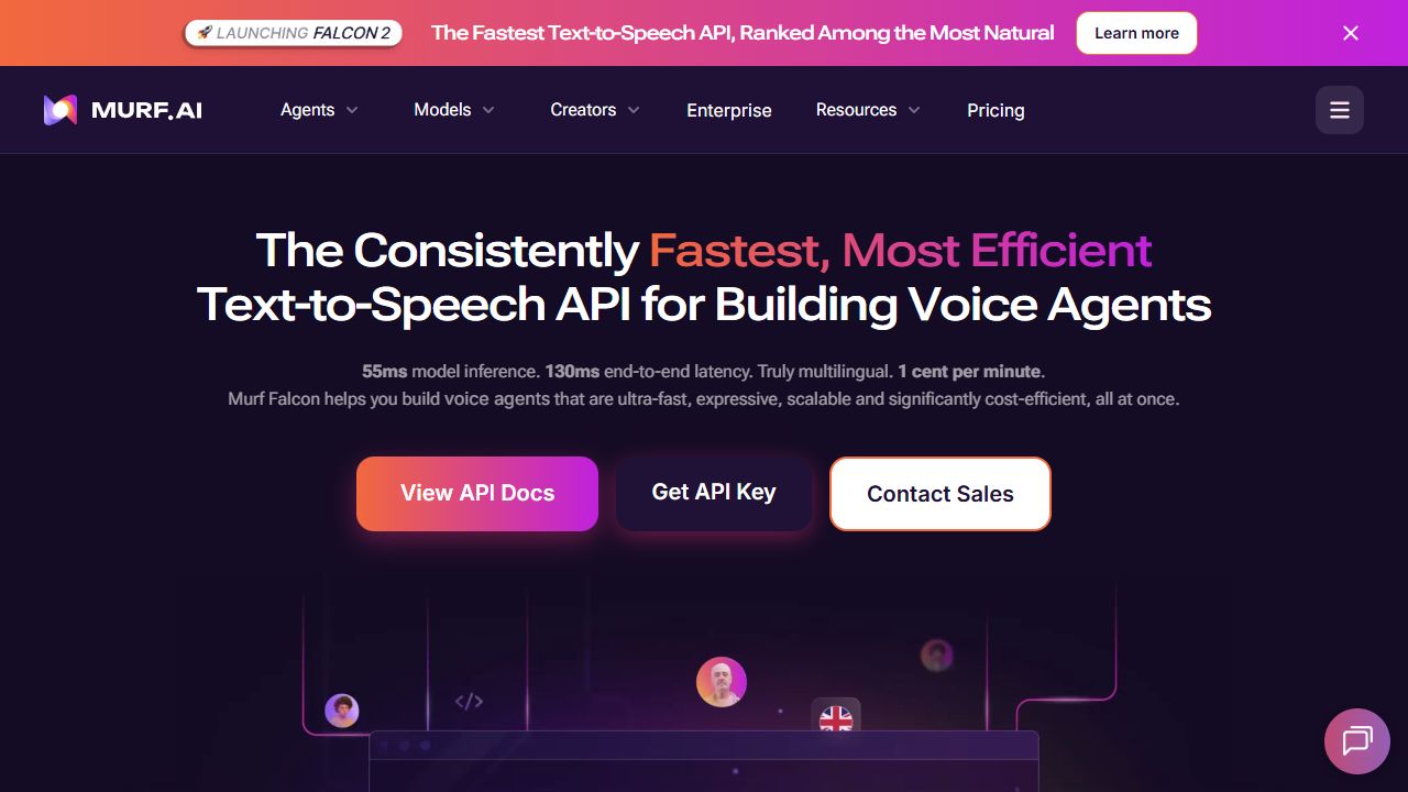 Murf Falcon API page showing low-latency text to speech for voice agents