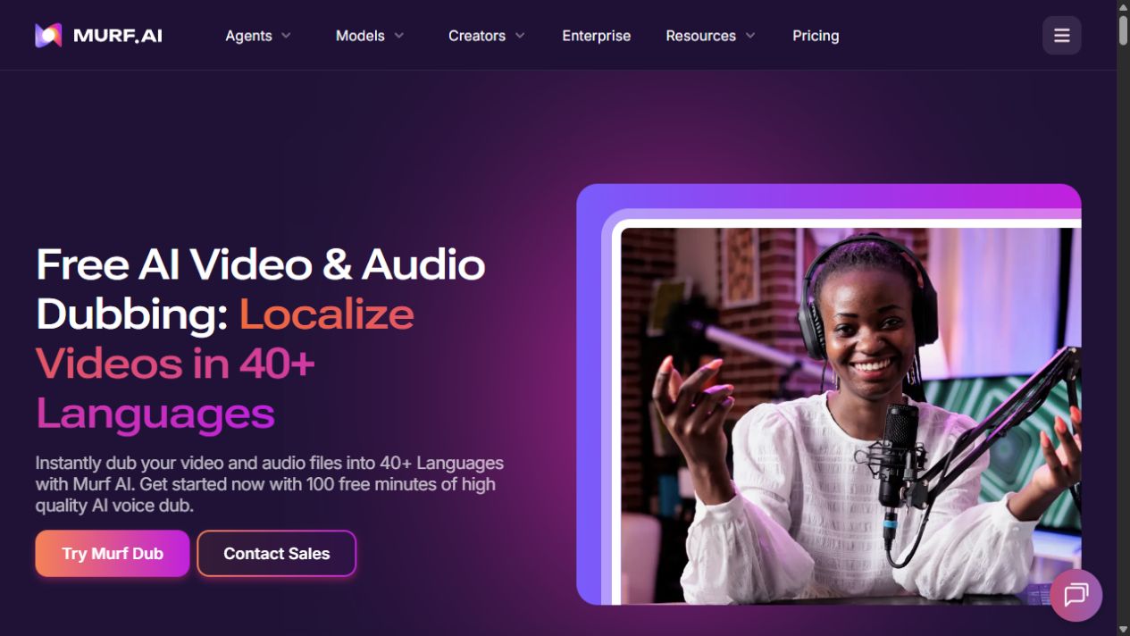 Murf AI dubbing page showing video and audio localization in over 40 languages