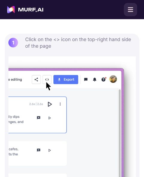 Murf guide showing the angle-bracket embed icon next to Export