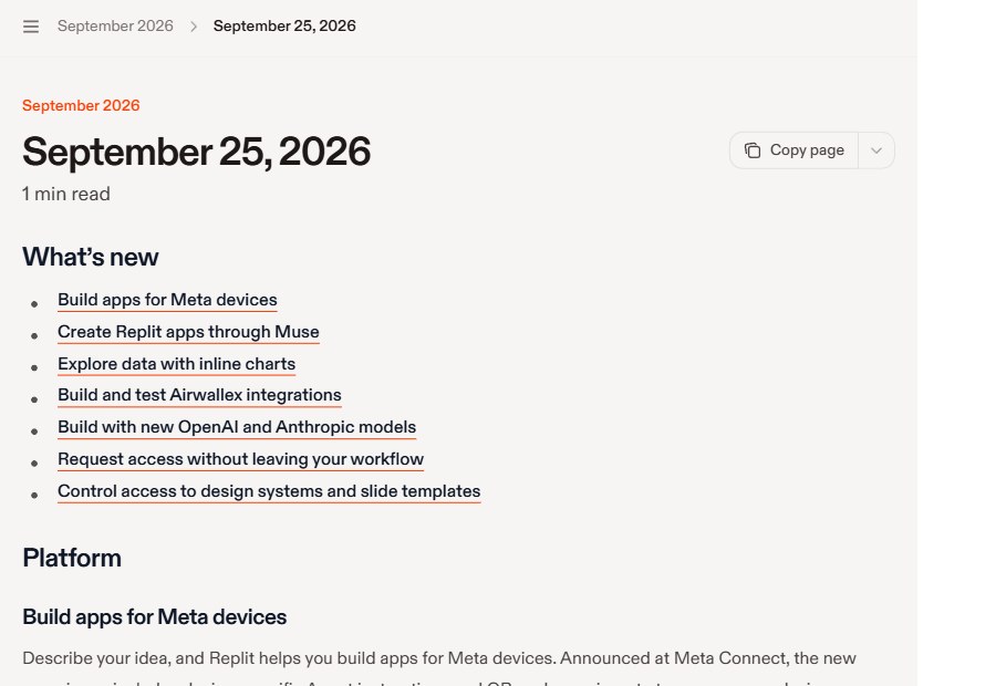 Replit changelog for 25 September 2026 listing apps for Meta devices, app creation through Muse, inline charts, Airwallex integrations and new OpenAI and Anthropic models