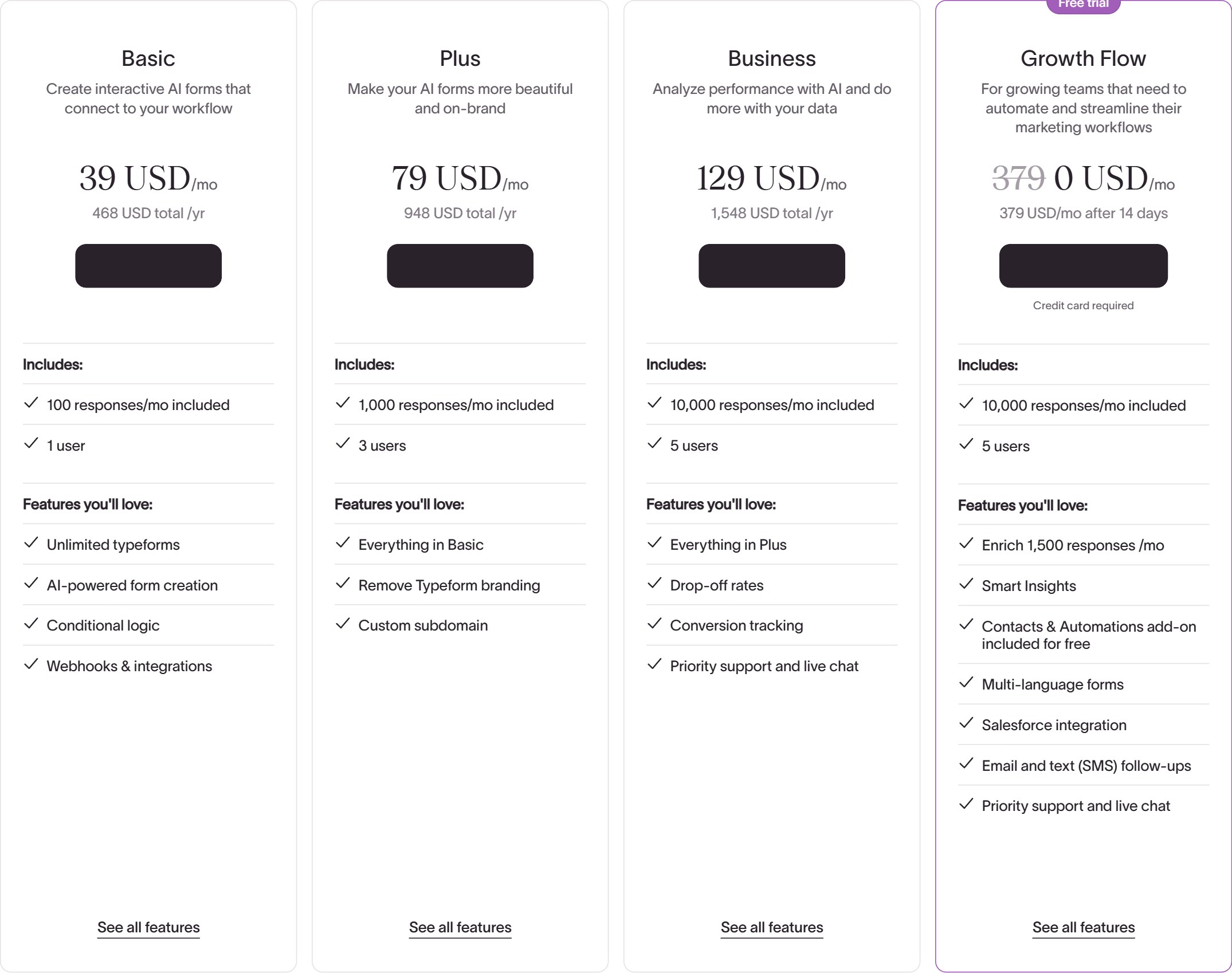 Typeform pricing page on monthly billing: Basic $39, Plus $79, Business $129 and Growth Flow $379 per month