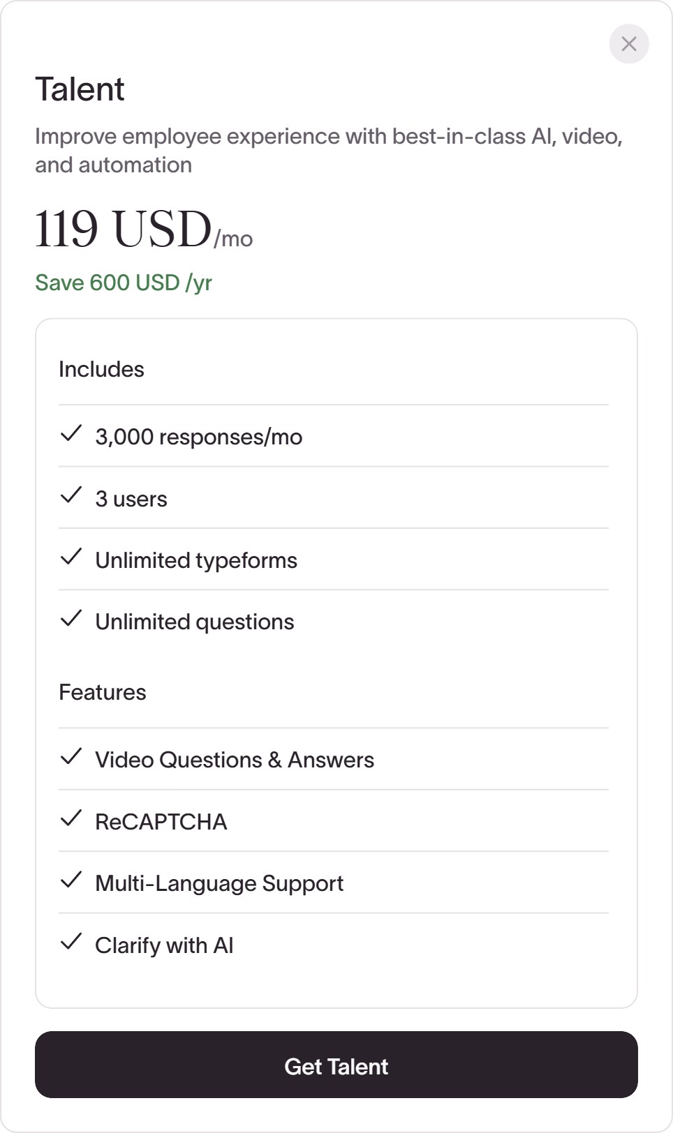 Typeform Talent plan card at 119 USD per month listing Video Questions and Answers as an included feature