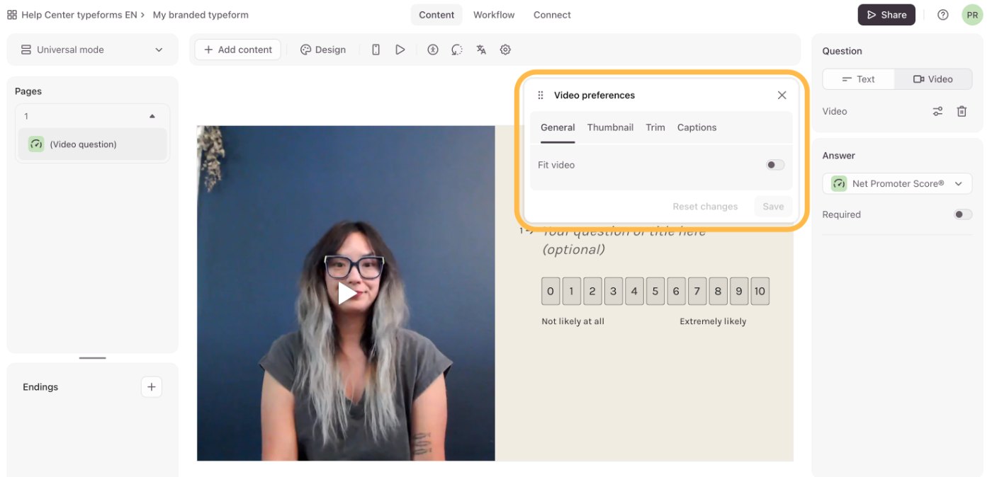 Typeform editor showing a recorded video question beside its rating scale, with the Video preferences panel open on General, Thumbnail, Trim and Captions tabs