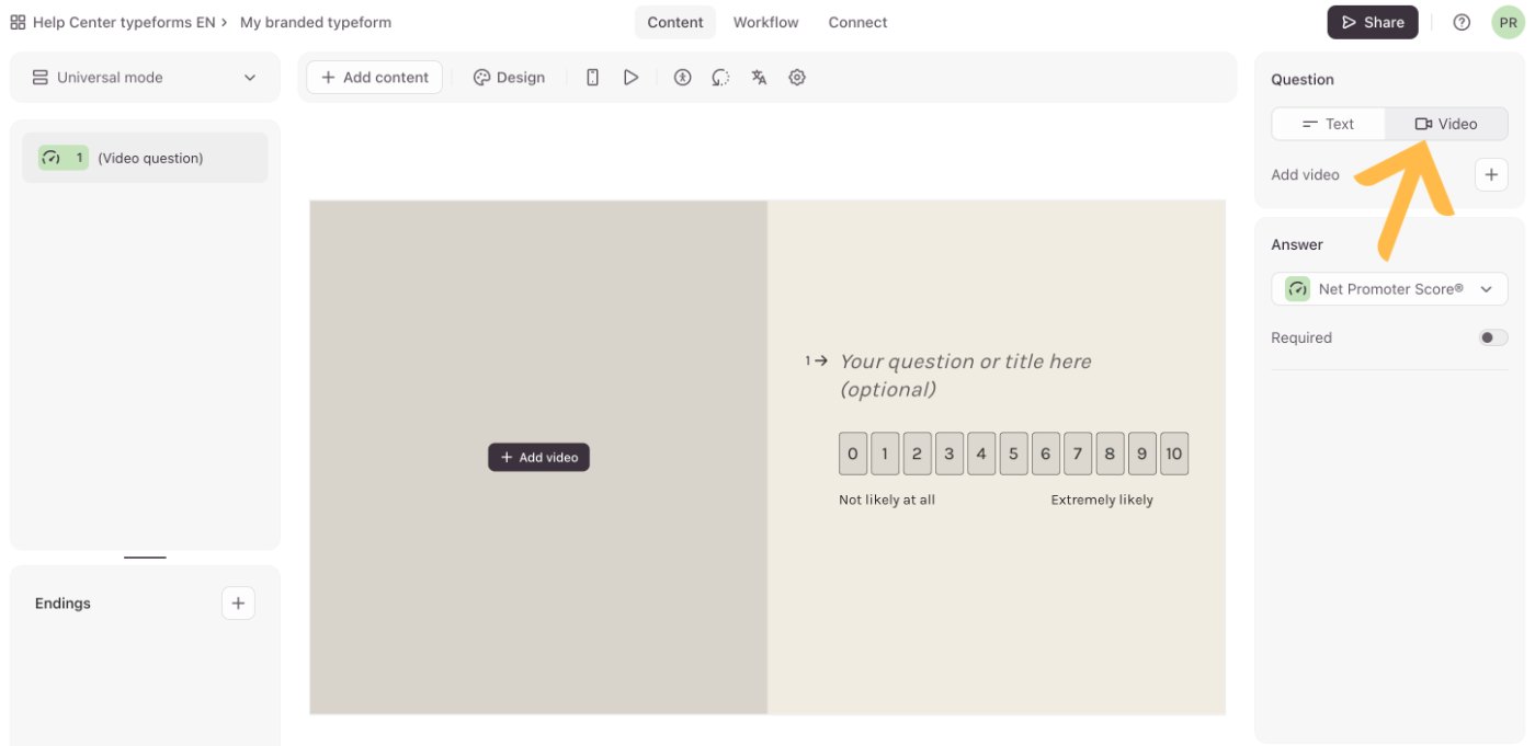 Typeform editor showing the Text and Video switch in Question settings, with the Net Promoter Score answer type unchanged below it