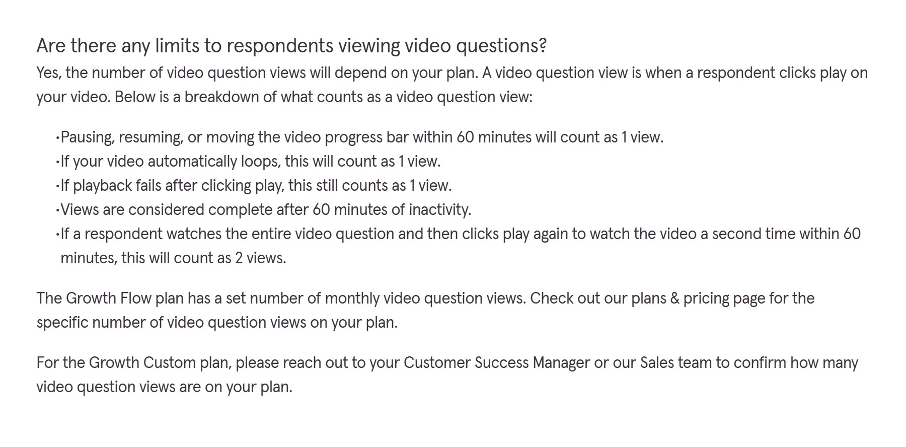 Typeform help centre FAQ explaining that a failed playback still counts as one video question view and a rewatch within 60 minutes counts as two