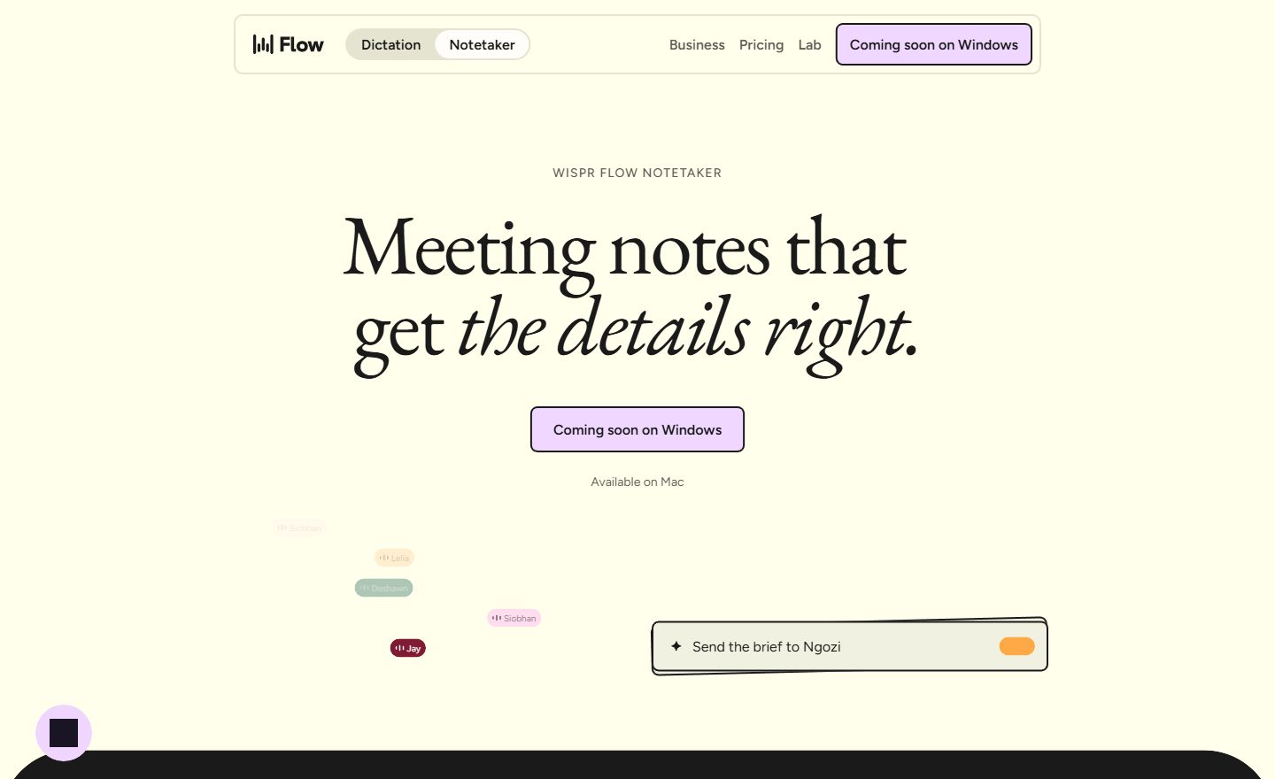 Wispr Flow Notetaker page for AI meeting notes and summaries