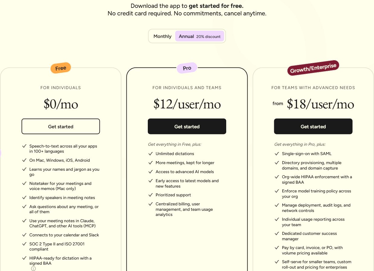 Wispr Flow pricing page showing Free, Pro and Growth or Enterprise plans