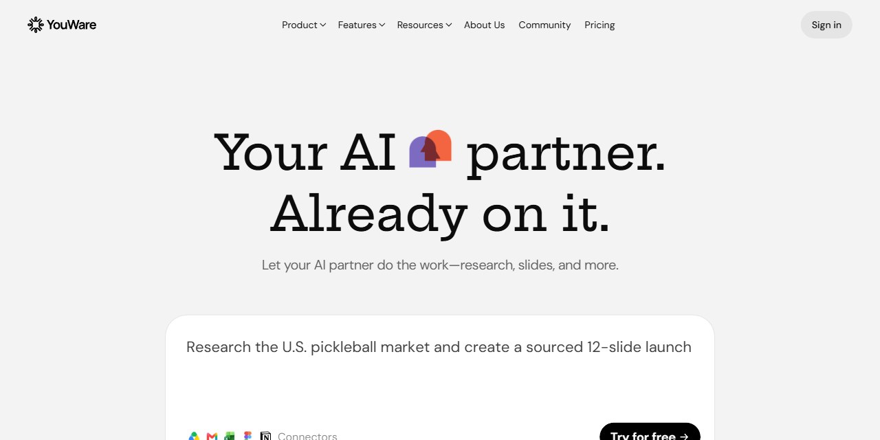 YouWare homepage in September 2026 with the headline Your AI partner, already on it, and a prompt box for research and slides