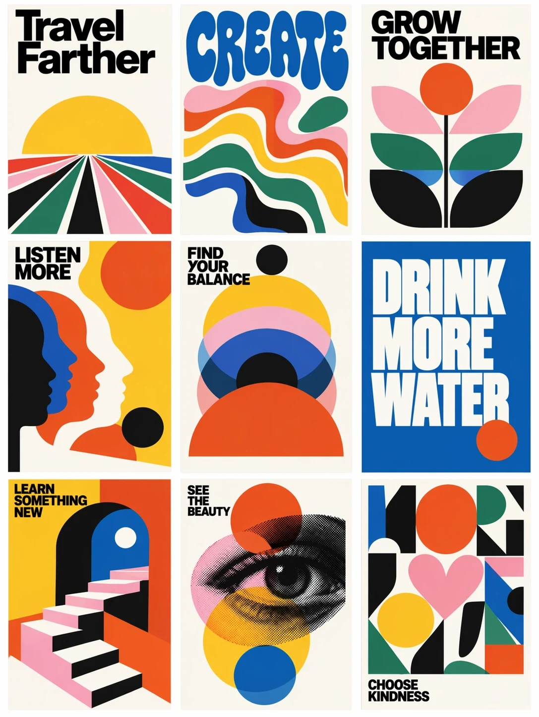A grid of mid-century modern posters generated with ChatGPT Images 2.5